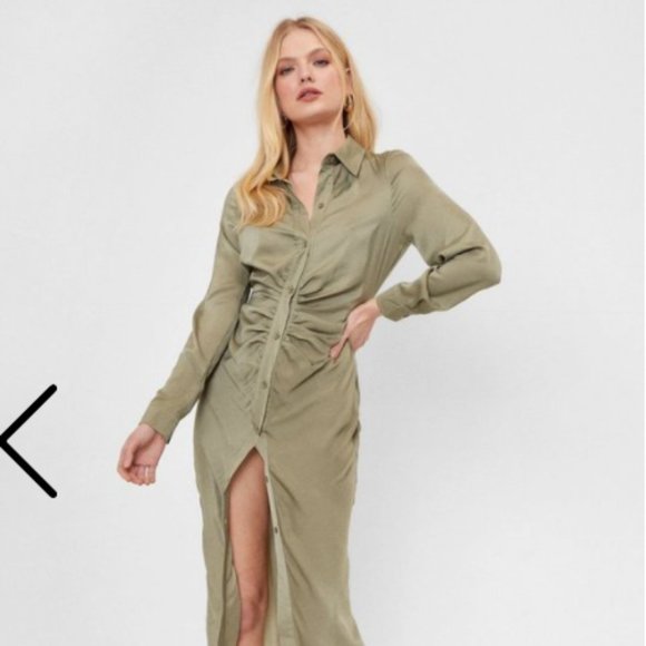 Nasty Gal Dresses & Skirts - Ruched Long Sleeve Midi Shirt Dress